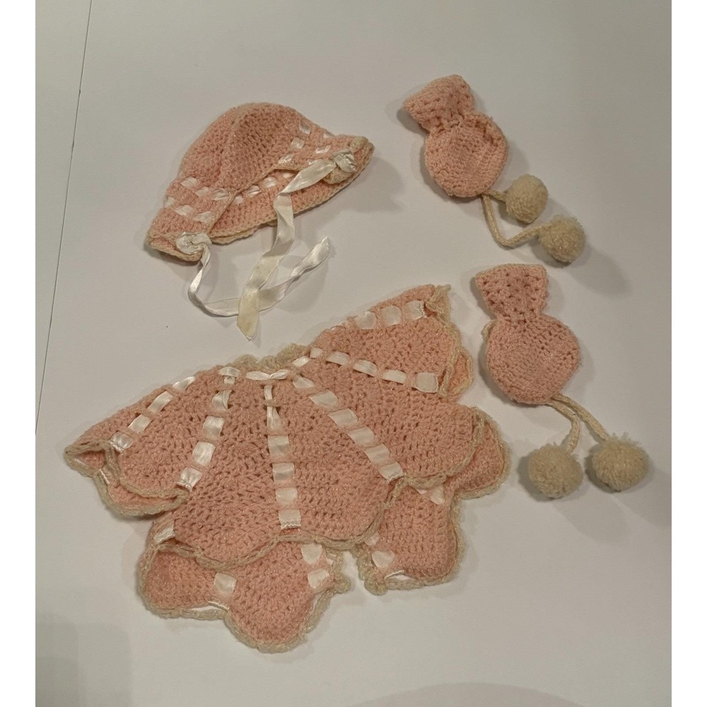 Vintage Crochet Knitted Baby  Layette Sweater, Bonnet, Booties 1960s Peach